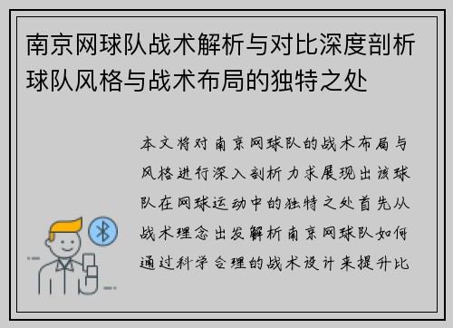 南京网球队战术解析与对比深度剖析球队风格与战术布局的独特之处